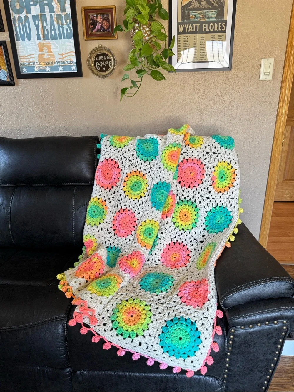 Handmade Crochet sunburst Granny Square Throw - Bright Rainbow Floral!